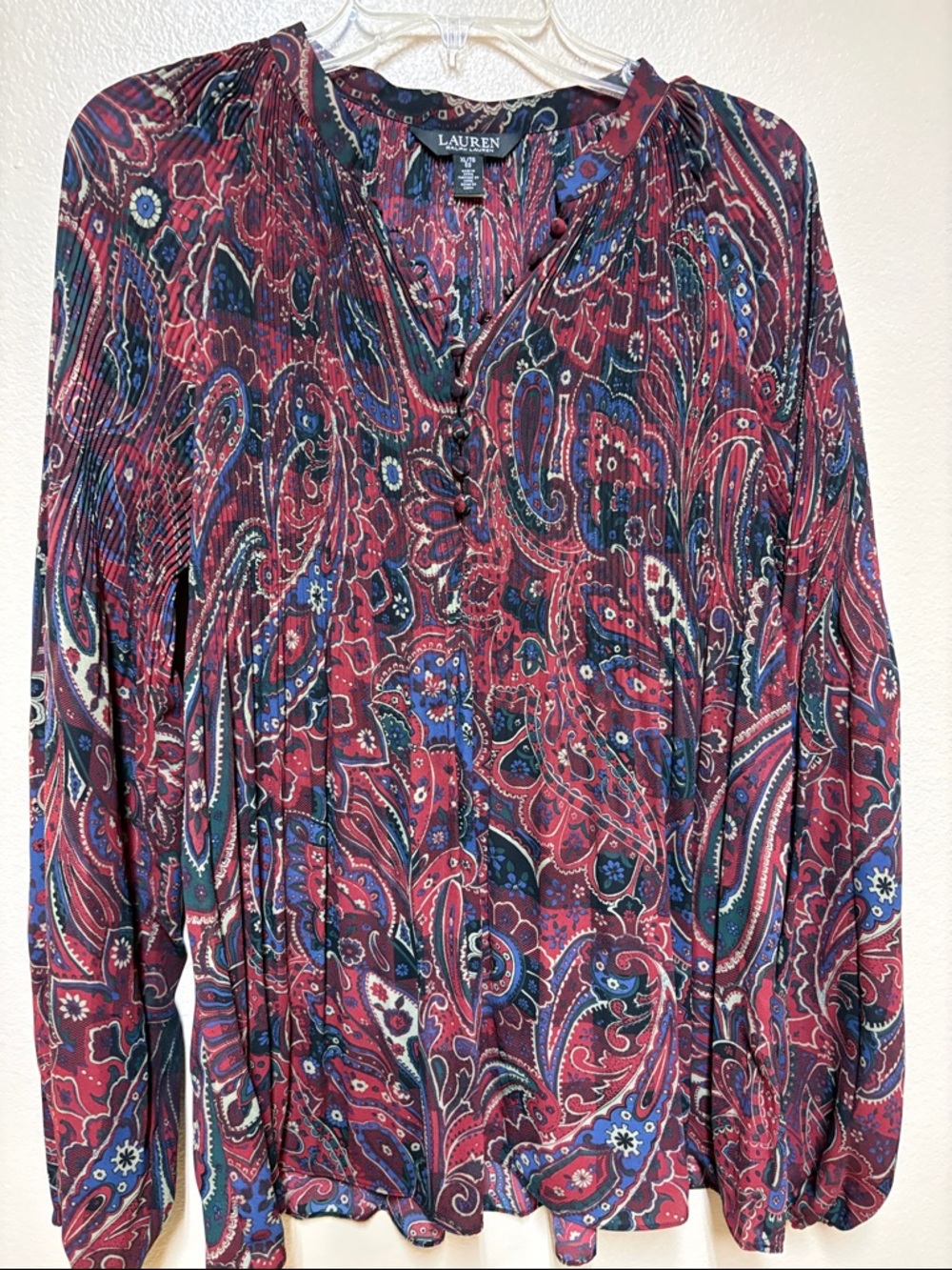 Lauren Ralph Lauren Burgundy Paisley V-Neck Long Sleeve Blouse